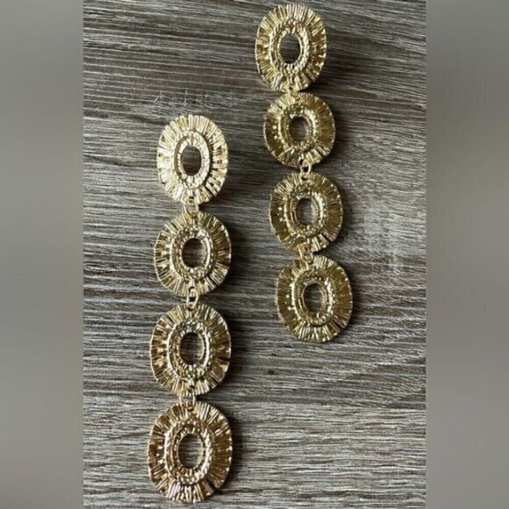Golden Hollow Flower Disc Design Dangle Statement Earrings - Picture 2 of 4